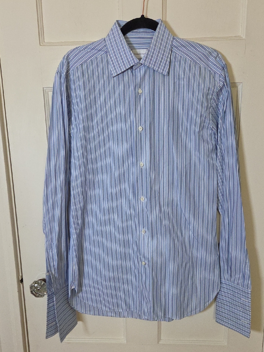 Ermenegildo Zegna Light Blue and White Striped Dress Shirt French Cuffs Sz 15